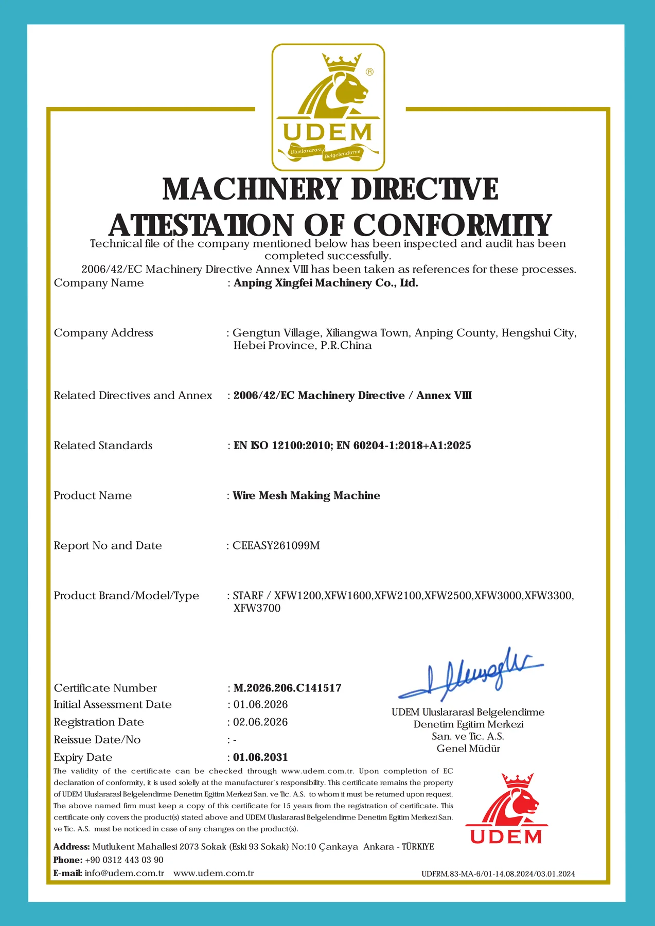 CE certificate for XINGFEI wire mesh machinery